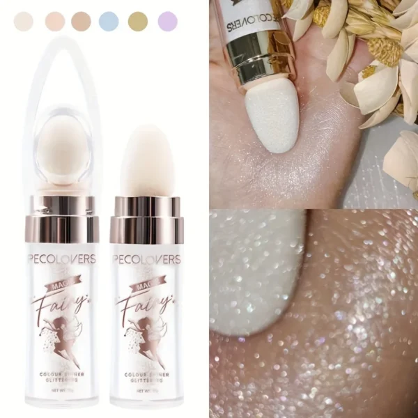 Multi-Tone Fairy Glow: Iridescent Highlighter Wand for Face & Body – Blue, Purple, White Bronzing Shimmer